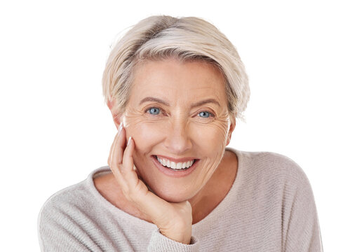 Portrait, smile and senior woman isolated on a transparent PNG background and feeling happy or positive. Face, confident and retirement with a mature female model with beauty, skin or natural makeup