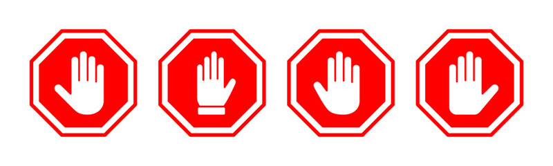 Stop icon vector illustration. stop road sign. hand stop sign and symbol. Do not enter stop red sign with hand