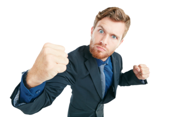 Portrait, angry and businessman with a fist in a studio for corporate conflict, fight or quarrel. Anger, aggression and professional male with violence ready to punch isolated by a png background.