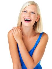 Woman in portrait, laughter and happy model, positive mindset isolated on transparent, png...