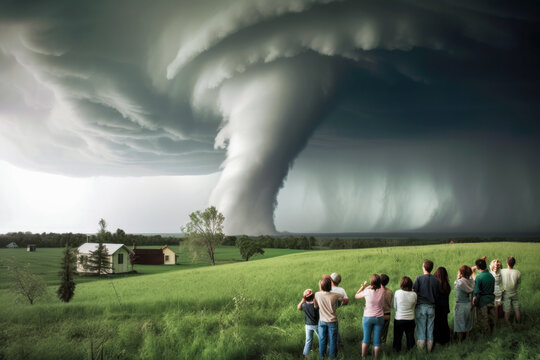 Group of people observing a strong storm with large tornado , high quality generative ai