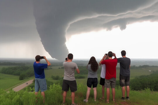 Group of people observing and videoing a strong storm with large tornado , high quality generative ai