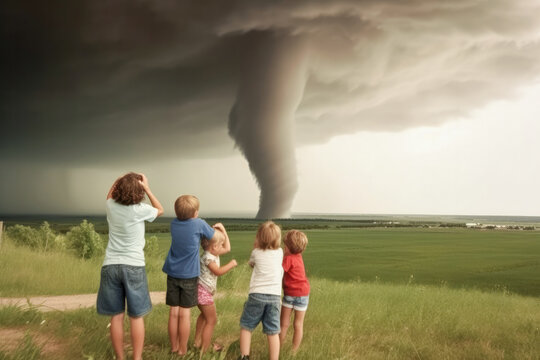 Family with mother and four children observing a strong storm with large tornado , high quality generative ai