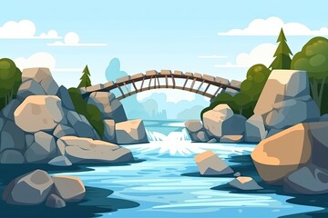 serene bridge crossing a river surrounded by lush trees and rocks. Generative AI