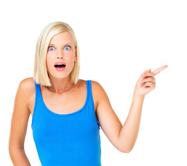 Fototapeta premium Wow, shocked and woman in portrait pointing while isolated on a transparent png background. Surprised female advertising promotion, marketing and presentation of branding, sale and news announcement