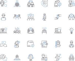 Staff employment line icons collection. Recruitment, Hiring, Onboarding, Training, Retention, Promotion, Performance vector and linear illustration. Compensation,Benefits,Diversity outline signs set