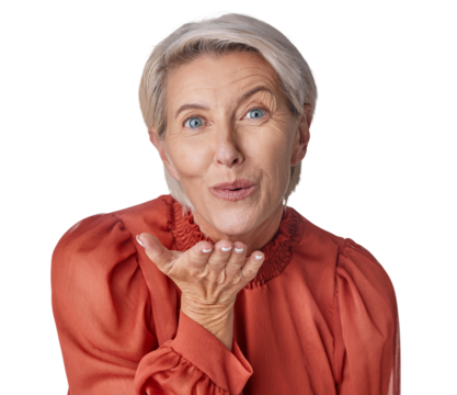 Blowing kiss, happy and portrait of a woman isolated on a transparent png background. Smile, happiness and an elderly lady showing love, care and flirting with a gesture and expression of charm