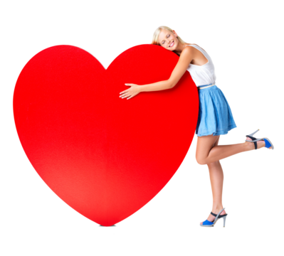 Love, heart and PNG with a woman on valentines day isolated on a transparent background for romance. Emoji, shape and celebration with an attractive young female hugging a red cardboard cutout