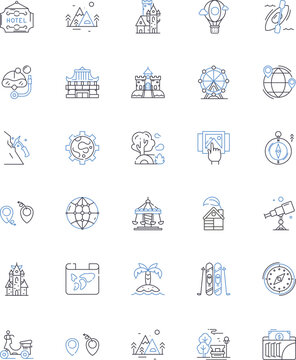 Universal exploration line icons collection. Voyager, Frontier, Discovery, Uncharted, Odyssey, Cosmonaut, Expedition vector and linear illustration. Piering,Starship,Infinity outline signs set