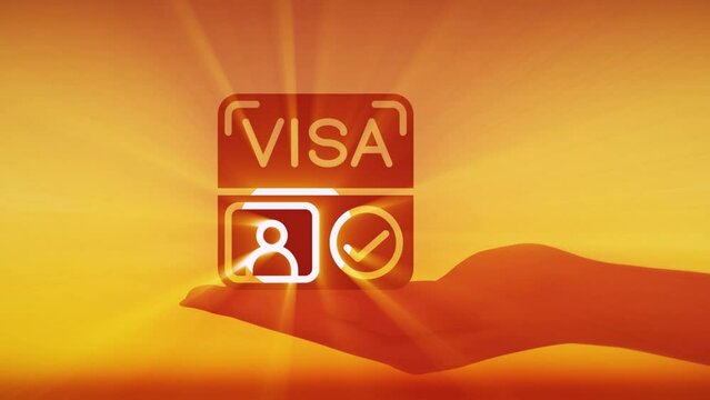 visa model in hand. Sunrays through the window of a miniature model  in the hand  the sky with clouds and the sun. Close-up slow-motion shot