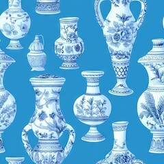 Seamless pattern with oriental inspired vases in porcelain. Made with Generative AI.