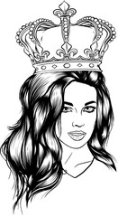 Vintage concept of pretty woman with crown pendant in monochrome style isolated vector illustration