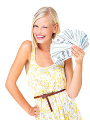 Wink, money and portrait of woman isolated on transparent, png background winning, cash fan and...