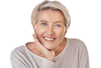 Portrait, happy and senior woman face isolated on a transparent, png background for beauty, skincare or natural makeup. Smile of an elderly person or model for cosmetics results or anti aging