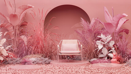 Natural beauty podium backdrop for product display with abstract garden scene. Pink podium and armchair in tropical forest for product presentation and purple wall. 3d render
