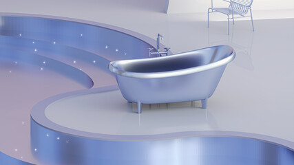 Abstract exterior with bathtub and swimming pool on purple landscape background. Concept of bathroom.3d render
