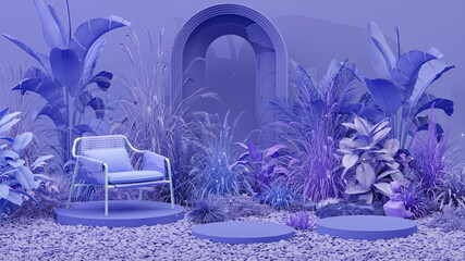 Natural beauty podium backdrop for product display with abstract garden scene. purple podium and armchair in tropical forest for product presentation and purple wall. 3d render
