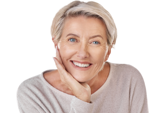 Portrait, happy and senior woman face isolated on a transparent, png background for beauty, skincare or natural makeup. Smile of an elderly person or model for cosmetics results or anti aging