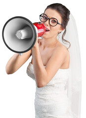 Funny Hipster Bride with Loudspeaker Isolated