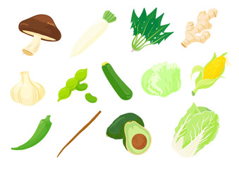 イラスト野菜（椎茸・大根・ほうれん草・生姜・大蒜・枝豆・ズッキーニ・レタス・アボガド・白菜・牛蒡・オクラ）