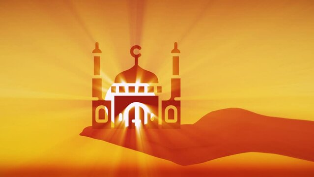 mosque model in hand. Sunrays through the window of a miniature model  in the hand  the sky with clouds and the sun. Close-up slow-motion shot
