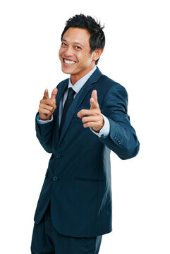 Motivation, happy and portrait of a businessman with finger guns isolated on a transparent png background. Success, corporate and an Asian worker with hand gesture for greeting on blank space