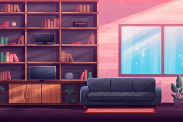 cozy living room with a comfortable couch and a bookshelf filled with books. Generative AI