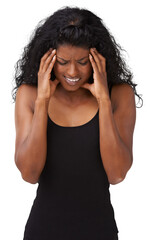 Headache, stress and burnout with an indian woman isolated on a transparent png background. Mental...