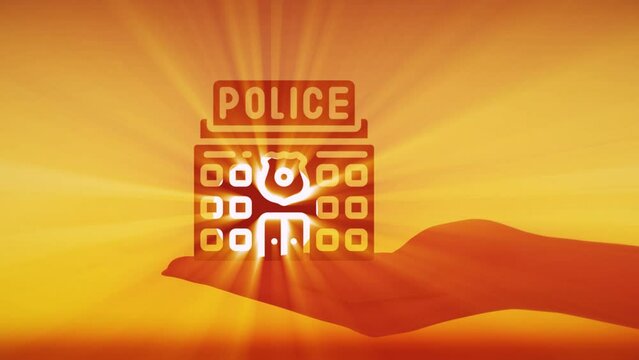 Police station model in hand. Sunrays through the window of a miniature model  in the hand  the sky with clouds and the sun. Close-up slow-motion shot