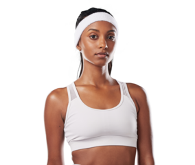 Portrait, fitness and PNG with a woman tennis player isolated on a transparent background for health or sports. Exercise, focus and serious with a female indian athlete looking ready for a game