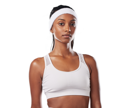 Portrait, fitness and PNG with a woman tennis player isolated on a transparent background for health or sports. Exercise, focus and serious with a female indian athlete looking ready for a game