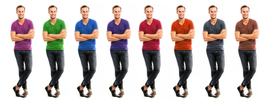 Collection collage set image - full body, growth length portrait of happy smiling handsome man wear many different colors t-shirts, multi colourful casual cloth, isolated white background. Fashion ad.