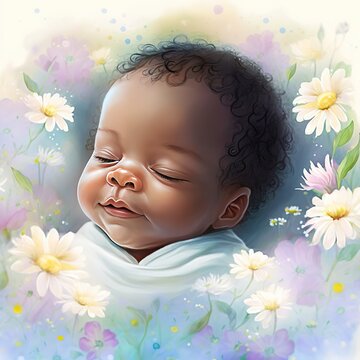 An adorable African American babynewborn baby to sleep fantasy painting pastel color isolated on white background. Mother's Day or Baby Shower concept, Generative AI