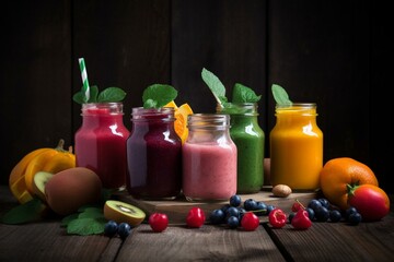Fototapeta na wymiar smoothies with different fruits and vegetables on wooden background. Generative AI