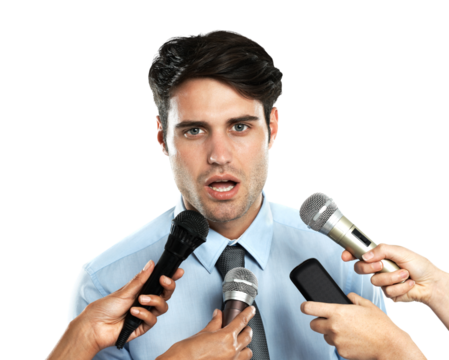 Microphone, portrait and interview of business man, speaker and isolated on transparent png background. Politician talking to media, press conference and journalist of broadcasting, politics and news