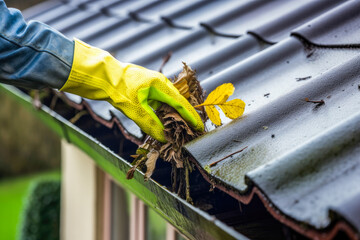 Hand cleaning leaves in a rain gutter on a roof, cleaning dirty gutters. High quality generative ai