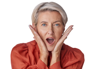 Portrait, wow and senior woman with surprise, facial expression and news isolated on a transparent background. Face, mature female or happy lady with shock, omg or announcement against a png backdrop