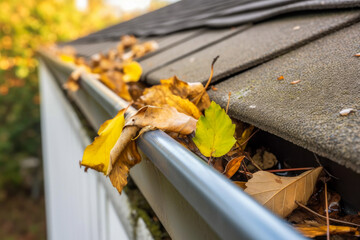 Autumn leaves in a rain gutter on a roof, dirty filled gutters. High quality generative ai
