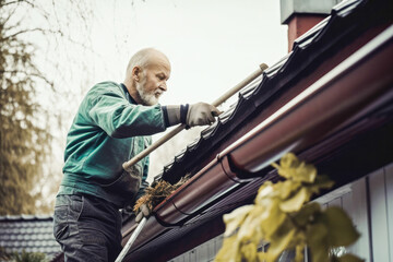 Fototapeta na wymiar Hand cleaning leaves in a rain gutter on a roof, cleaning dirty gutters. High quality generative ai