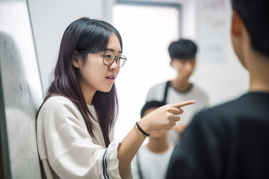 Asian tutor leads small group in dynamic learning session, shaping young minds with personalized instruction and interactive exercises. generative AI