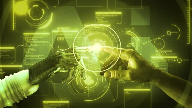 High quality 3D CGI of a robot arm reaching out and touching index fingertips with a human hand and activating a spinning tech gizmo and animated background AI data elements, in yellow color scheme