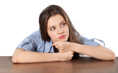 Young pensive woman isolated on white background