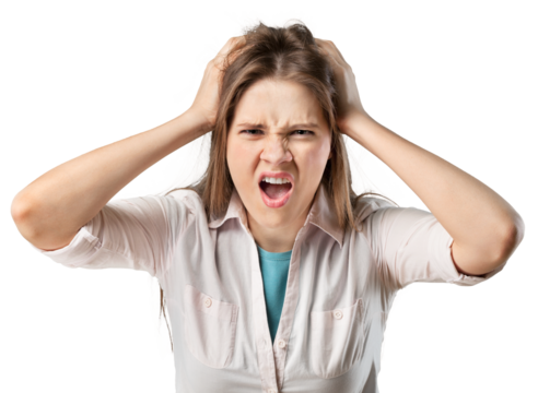 Hysterical woman expression with her hands on the head on a white isolated background