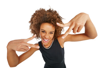 Woman in portrait, peace hand sign and smile with attitude and emoji isolated on transparent, png...