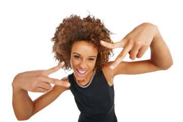 Woman in portrait, peace hand sign and smile with attitude and emoji isolated on transparent, png background. Carefree, freedom and happy female with cool person, hands with gesture and symbol
