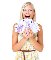 Fan, money and portrait of woman isolated on transparent png background winning wealth, wow and...