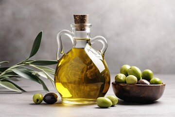 olive oil bottle and olives in a bowl on a wooden table. Generative AI