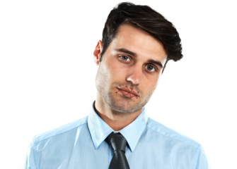 Portrait, business and man with stitch on mouth, mental health problem and guy isolated against a transparent background. Face, male employee or worker with silence, lips sewn and censorship with png