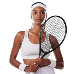 Portrait, fitness and sports with a woman tennis player isolated on a PNG background for health or...