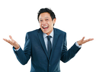Portrait, shrug and transparent with a business man isolated on a PNG background to gesture...